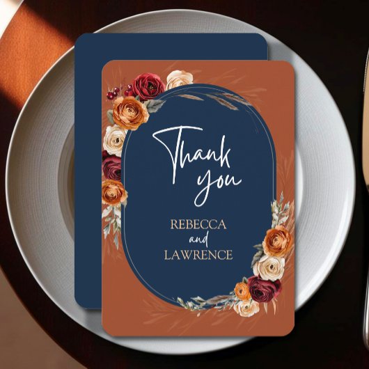 シックスタイリッシュな秋のオレンジ色の海軍フローラ結婚ズ サンキューカード