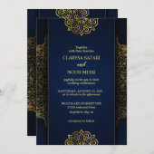 シックスタイリッシュな青い金ゴールドの花のパタ結婚ーン 招待状 (正面/裏面)