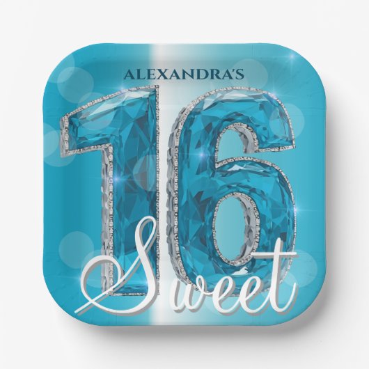 シックスタイリッシュグラムブルーサファイアジェムストーンスウィート16 ペーパープレート (正面)
