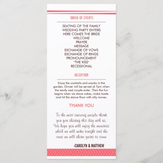 シックスタイリッシュコーラルアロー結婚式 プログラムラックカード プログラム (裏面)