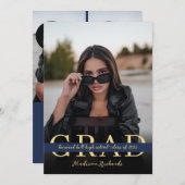 シックスタイリッシュネイビーブルーと金ゴールド写真卒業 招待状 (正面/裏面)