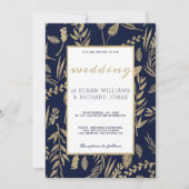 シックスタイリッシュネイビーブルー金ゴールドフローララグジュアリー結婚ズ 招待状 (正面)