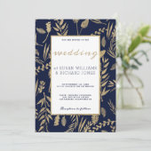 シックスタイリッシュネイビーブルー金ゴールドフローララグジュアリー結婚ズ 招待状 (スタンド正面)