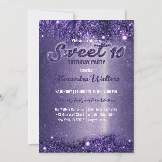 シックスタイリッシュパープルきらめくフォイルスウィート16パーティー 招待状 (正面)