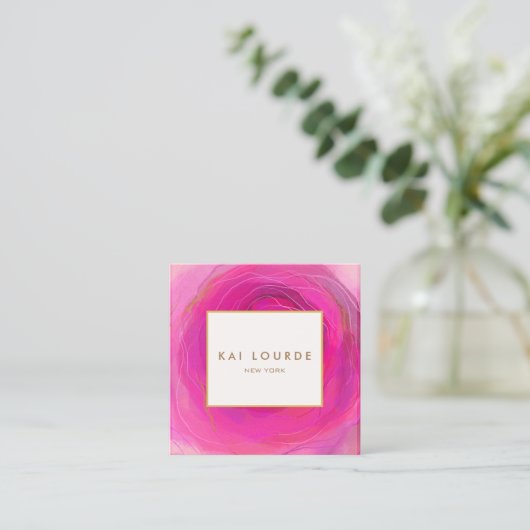 シックスタイリッシュピンク抽象芸術ウォーターカラースクエアブシン スクエア名刺 (スタンド正面)