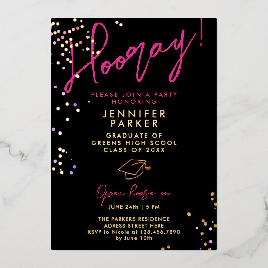 シックスタイリッシュブラックピンクグリッタースクールグラッド写真 箔招待状 (正面)