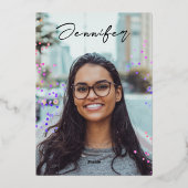 シックスタイリッシュブラックピンクグリッタースクールグラッド写真 箔招待状 (裏面)