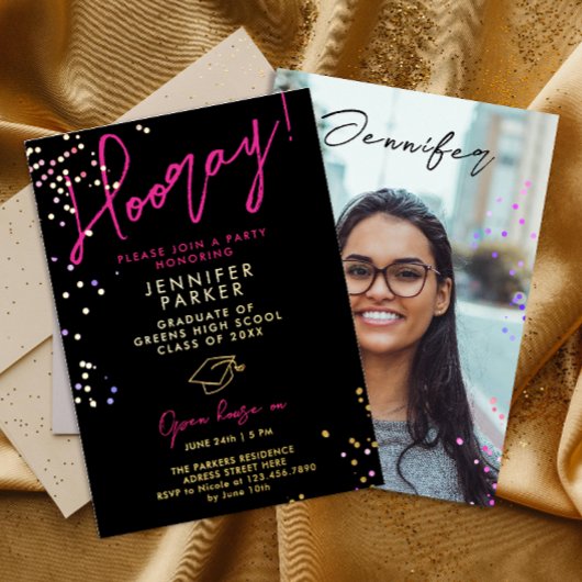 シックスタイリッシュブラックピンクグリッタースクールグラッド写真 箔招待状