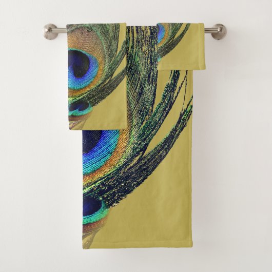 シックスタイリッシュブルーグリーン金ゴールド孔雀フェザー バスタオルセット (インサイチュ)