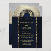 シックスタイリッシュブルー金ゴールド幾何パタ結婚ーン 招待状 (正面/裏面)