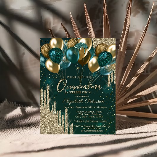 シックスタイリッシュ金ゴールドグリッタードリップバルーン緑 招待状