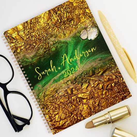 シックスタイリッシュ金ゴールドメタリックフォイルグリーンイヤー2024 プランナー手帳