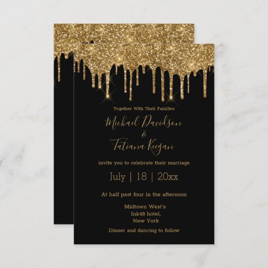 シックスタイリッシュ金ゴールド滴下グリッターブラック結婚ズ 招待状 (正面/裏面)
