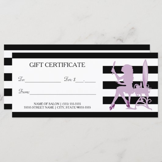 シックストライプな紫色の女の子サロンギフト証明書 (正面/裏面)