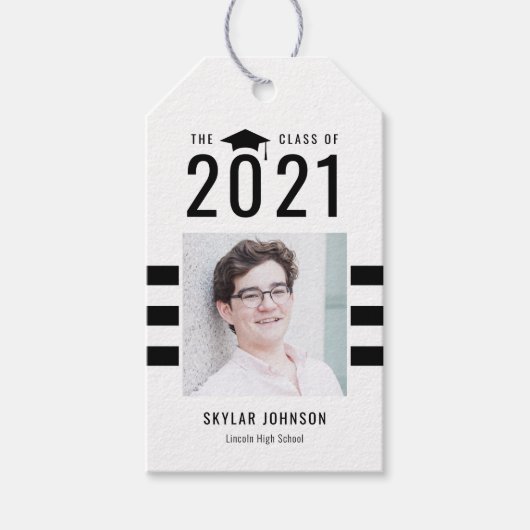 シックストライプな編集可能カラー卒業メッセージカード ギフトタグ (正面)