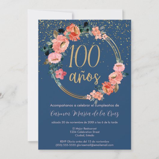 シックスペインのエレガントフローラ100th誕生日パーティー 招待状 (正面)