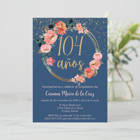 シックスペインのエレガントブルーピンク104誕生日 招待状 (スタンド正面)