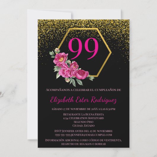 シックスペインのブはっきりしたラック金ゴールド&ピンク99誕生日 招待状 (正面)