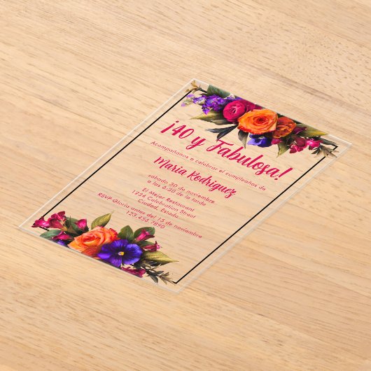 シックスペインのブエレガントライト花模様40th誕生日 アクリル招待状 (レイダウン)