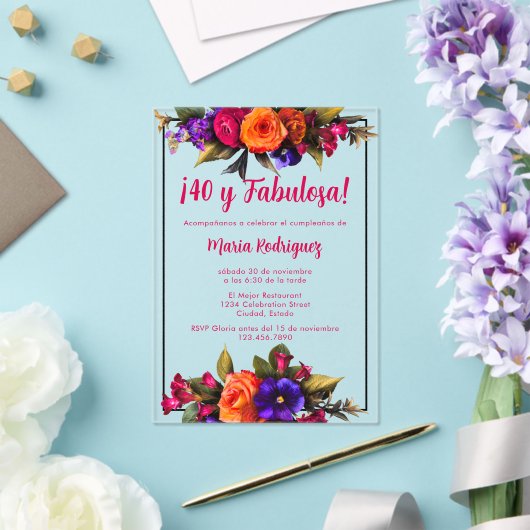 シックスペインのブエレガントライト花模様40th誕生日 アクリル招待状 (インサイチュ (ウェディング))