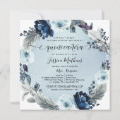 シックスペインのブルー淡い色のの花とフォイルキンセアニー 招待状 (正面)