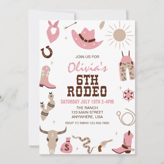 シックスロデオピンクウェスタン6誕生日 招待状 (正面)