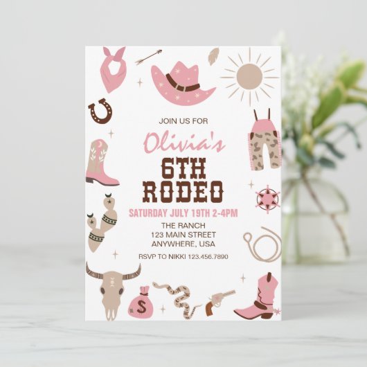 シックスロデオピンクウェスタン6誕生日 招待状 (スタンド正面)