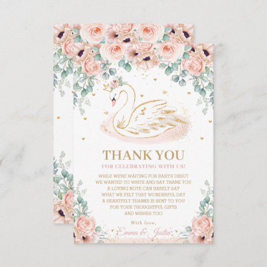 シックスワンプリンセス赤面ピンクフローラベビーシャワー サンキューカード (正面/裏面)