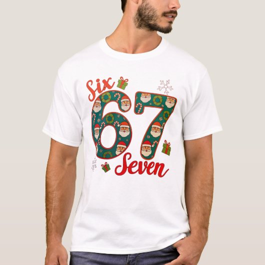 シックス セブン 67 6 7 ミーム クリスマス サンタ 帽子 Tシャツ (正面)
