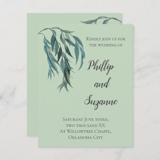 シックセージグリーンウィローブランチミニマルズ結婚 招待状 (正面/裏面)