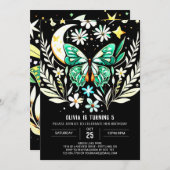 シックセージグリーンバタフライ誕生日 招待状 (正面/裏面)