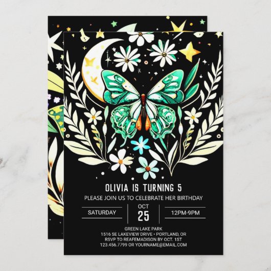 シックセージグリーンバタフライ誕生日 招待状 (正面/裏面)