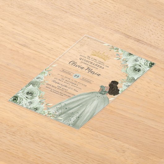 シックセージグリーンフローラブラウンプリンセスキンセアニラ アクリル招待状 (レイダウン)