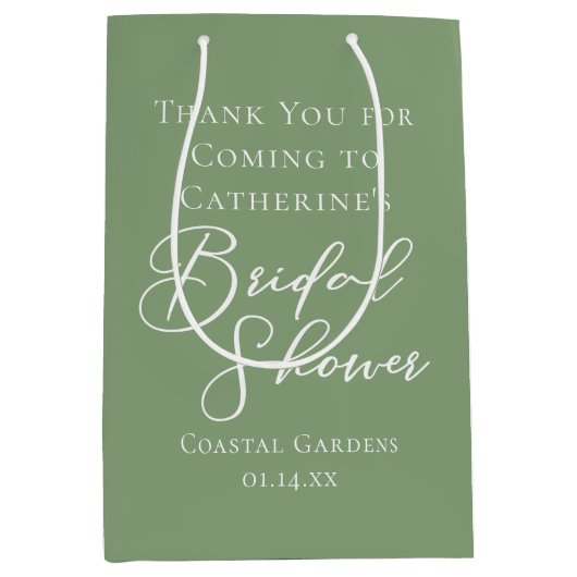 シックセージグリーンブライダルシャワー パーソナライズされた ミディアムペーパーバッグ (正面)