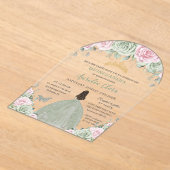 シックセージグリーンベビーピンクフローラドレスキンセアニラ アクリル招待状 (レイダウン)