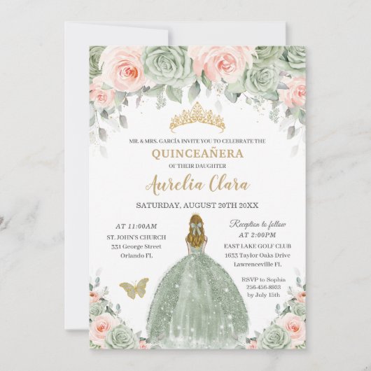 シックセージグリーン赤面フローラブロンデキンセアニラ 招待状 (正面)