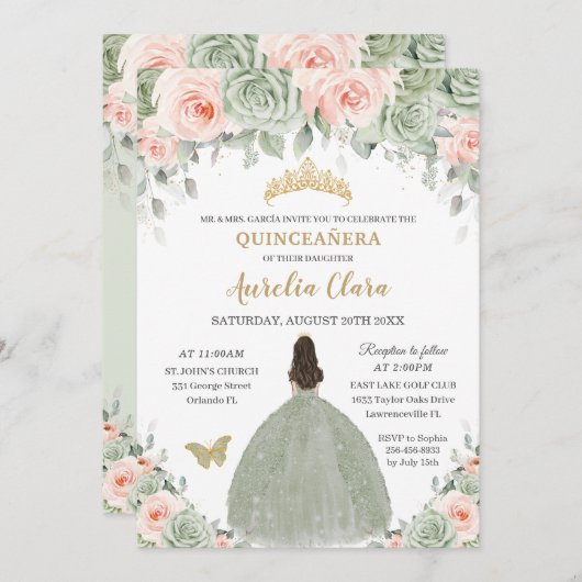 シックセージグリーン赤面フローラ金ゴールドキンセアニラXV 招待状 (正面/裏面)