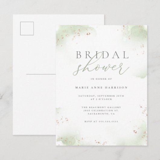 シックセージグリーン金ゴールドダストブライダルシャワー インビテーションポストカード (正面/裏面)