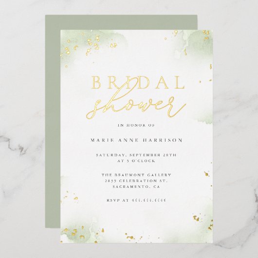 シックセージグリーン金ゴールドダストブライダルシャワー 箔招待状 (正面/裏面)