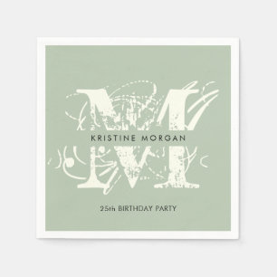 シックタイポグラフィセージ緑モノグラム名 スタンダードカクテルナプキン