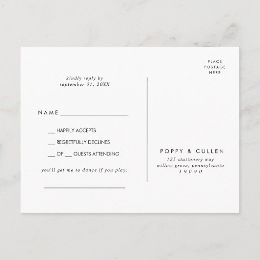 シックタイポグラフィソング要求RSVPポストカード インビテーションポストカード (裏面)