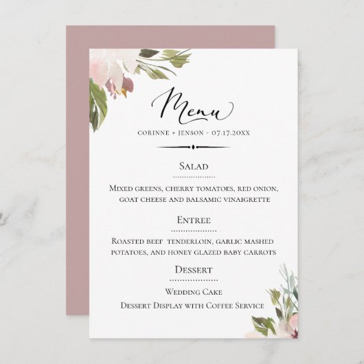 シックタイポグラフィダスティマウヴボタニカル結婚ズ メニュー (正面/裏面)