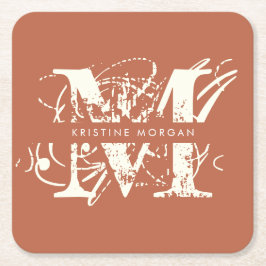 シックタイポグラフィテラコッタモノグラム名 スクエアペーパーコースター