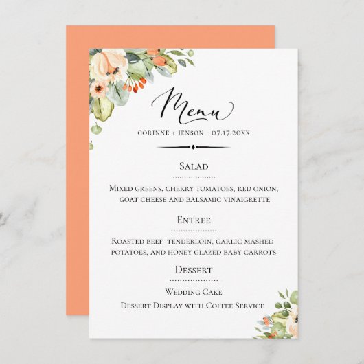 シックタイポグラフィピーチ結婚フローラ メニュー (正面/裏面)