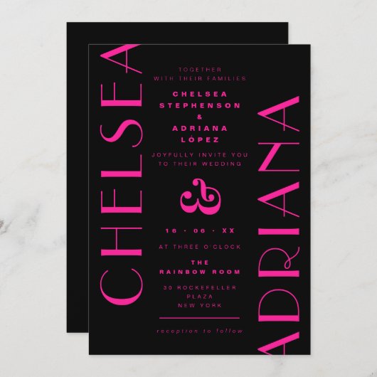 シックタイポグラフィブラックピンク結婚アールデコ 招待状 (正面/裏面)