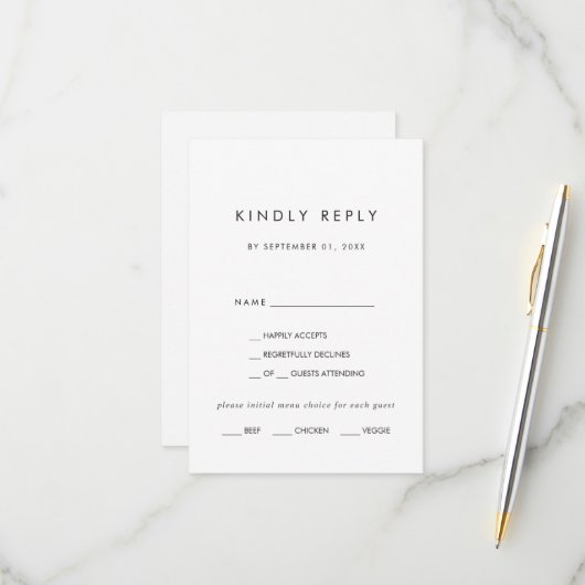 シックタイポグラフィメニュー選択RSVPカード 出欠カード (正面/裏面インサイチュ)