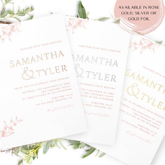 シックタイポグラフィ結婚ズピーチ、赤面、バラ金ゴールド 箔招待状