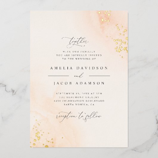 シックタイポグラフィ赤面ピンクウォーター結婚カラー 箔招待状 (正面)