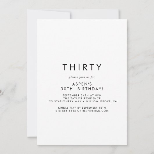 シックタイポグラフィ30th誕生日パーティの招待状 招待状 (正面)