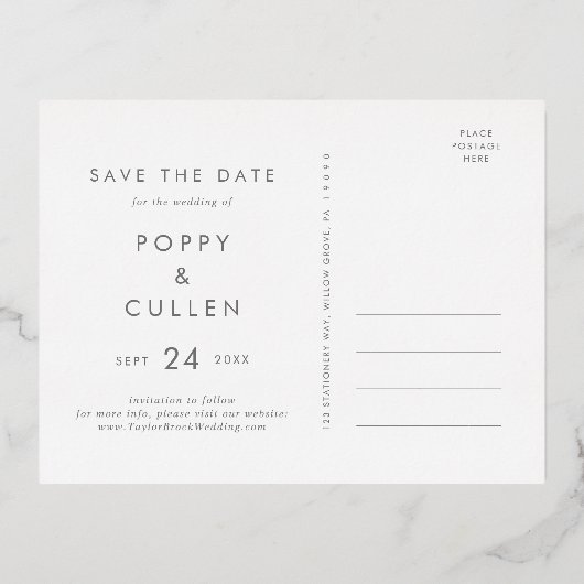 シックタイポグラフィ |ゴールド・フォイル写真保存日 箔招待状ポストカード (裏面)